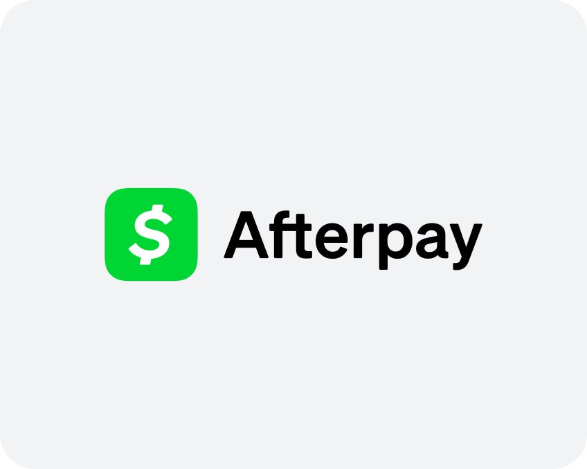 The Afterpay logo with a green dollar symbol icon and black text on a light gray background, representing flexible payment options.