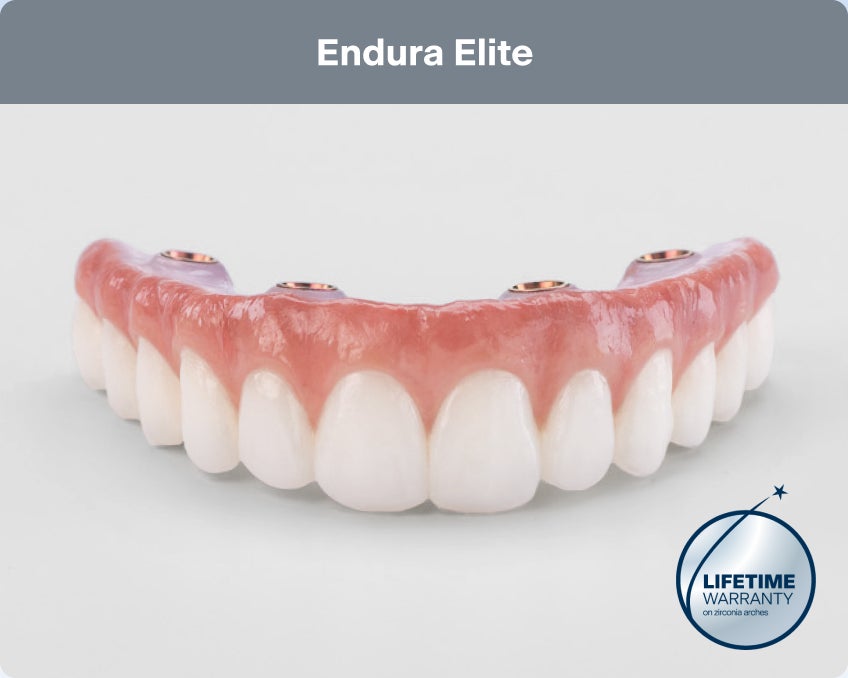 An image of an upper arch dental implant model for the Endura Elite solution, built with top-quality zirconia for the highest level of personalization, and backed by ClearChoice's lifetime warranty program.