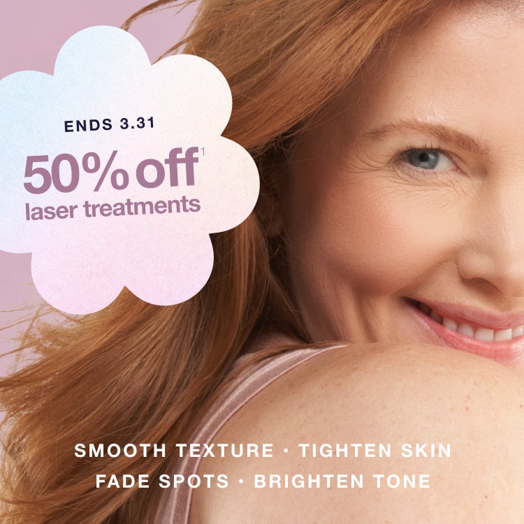 An advertisement for 50% off laser treatments to smooth, tighten, fade spots, and brighten skin, available until march 31st