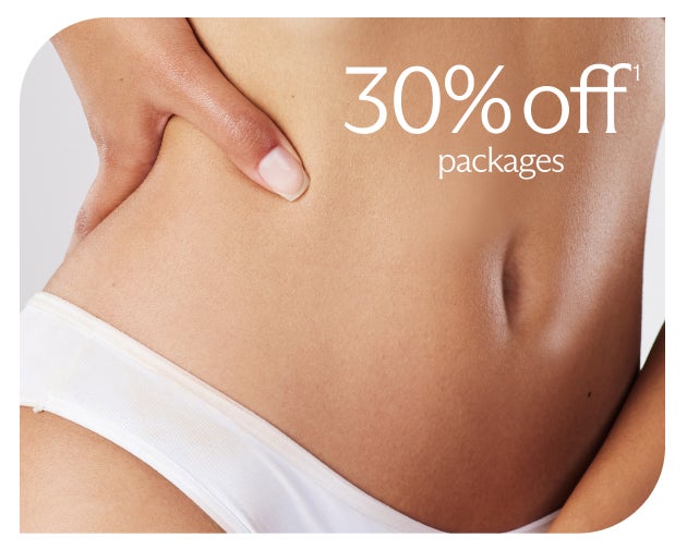 A woman's midsection with a hand pinching skin, advertising "30% off packages."
