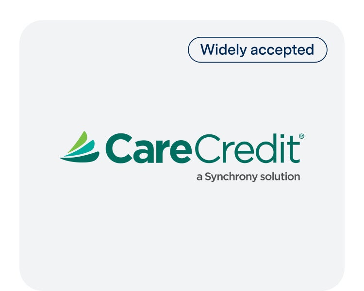 The CareCredit logo with the tagline “a Synchrony solution” and a label reading “Widely accepted,” displayed on a light gray background.