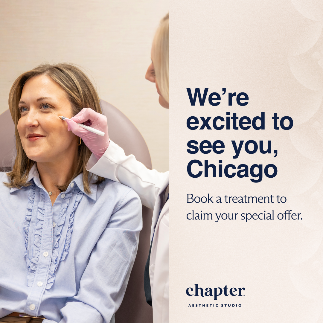 A client receiving a treatment consultation at an aesthetic studio in chicago, promoting a special offer