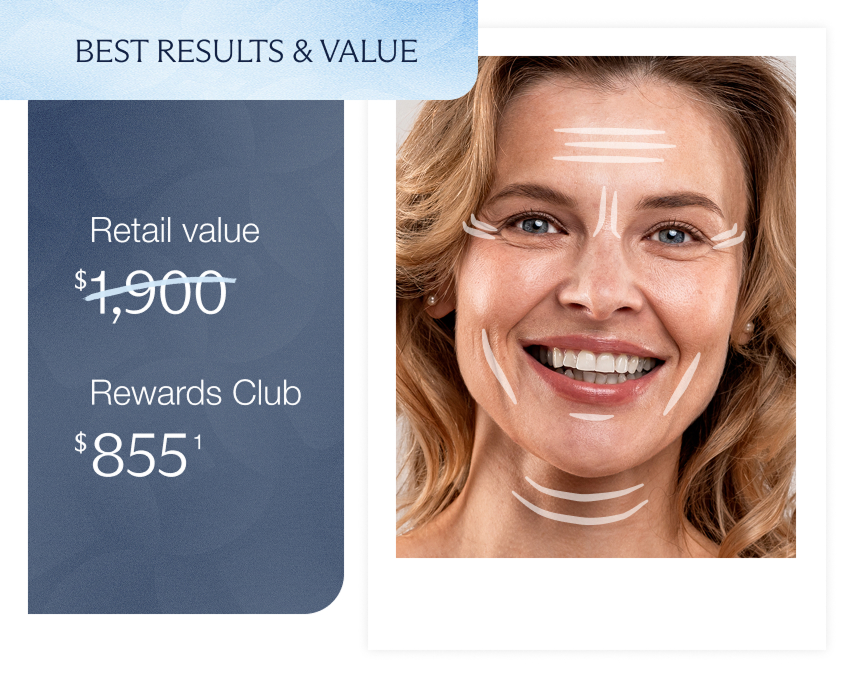 Discounted cosmetic treatment for rewards club members, shown with pre-procedure facial markings