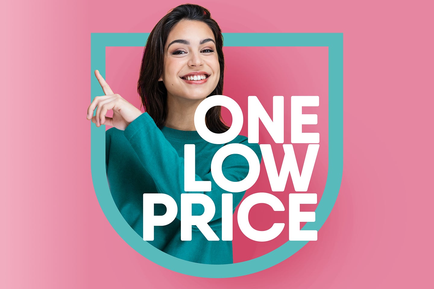 Smiling woman next to “one low price” messaging highlighting transparent, all-in clear aligner pricing from Motto