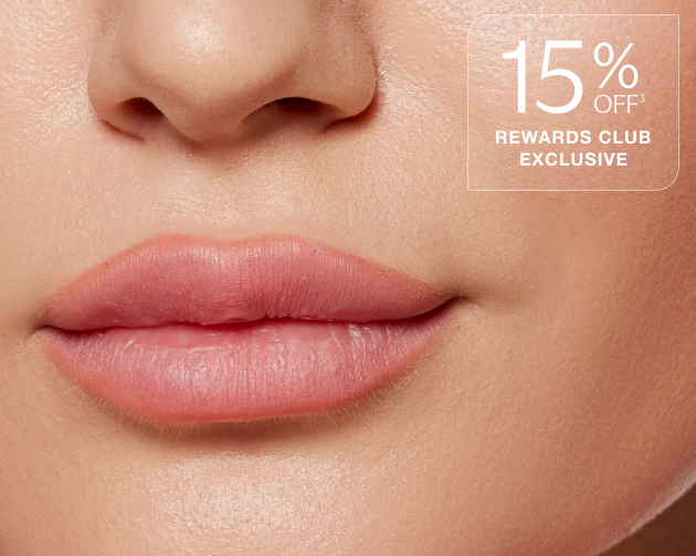 Close-up of smooth, natural-looking lips with text overlay “15% Off Rewards Club Exclusive.” Chapter filler treatment promotion highlighting member discount.