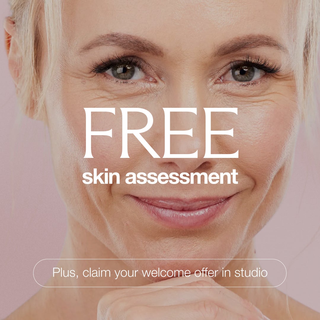 Closeup of a smiling woman's face overlaid with text which reads "Free skin assessment - plus, claim your welcome offer in-studio"