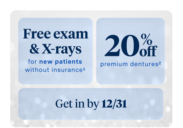 A promotional graphic offering a free exam and X-rays for new patients without insurance, 20% off dental services, and a reminder to schedule by 12/31, displayed on a soft blue background.