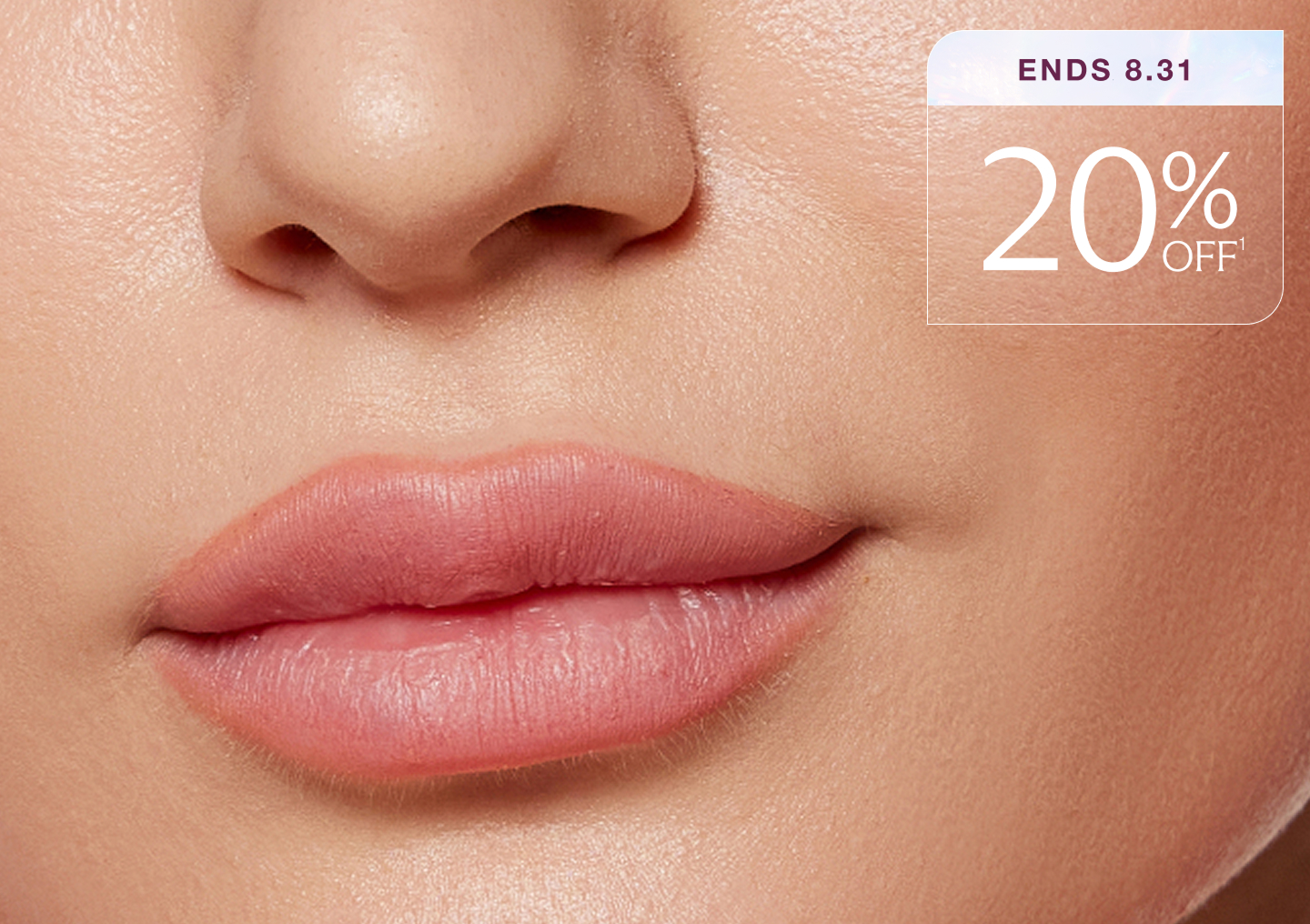 Close-up of plump, hydrated lips showcasing natural results from a filler treatment, promoting 20% off through 8/31.