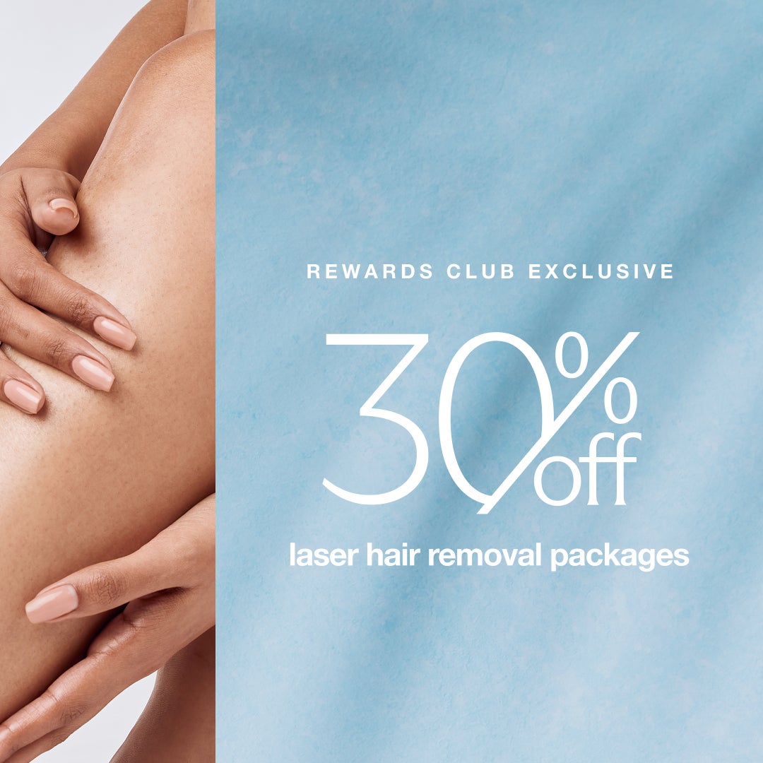 A closeup of a smooth, hairless leg with a hand resting on top of it, displaying manicured nails, next to a light blue graphic which reads "Rewards club exclusive 30% off laser hair removal packages"