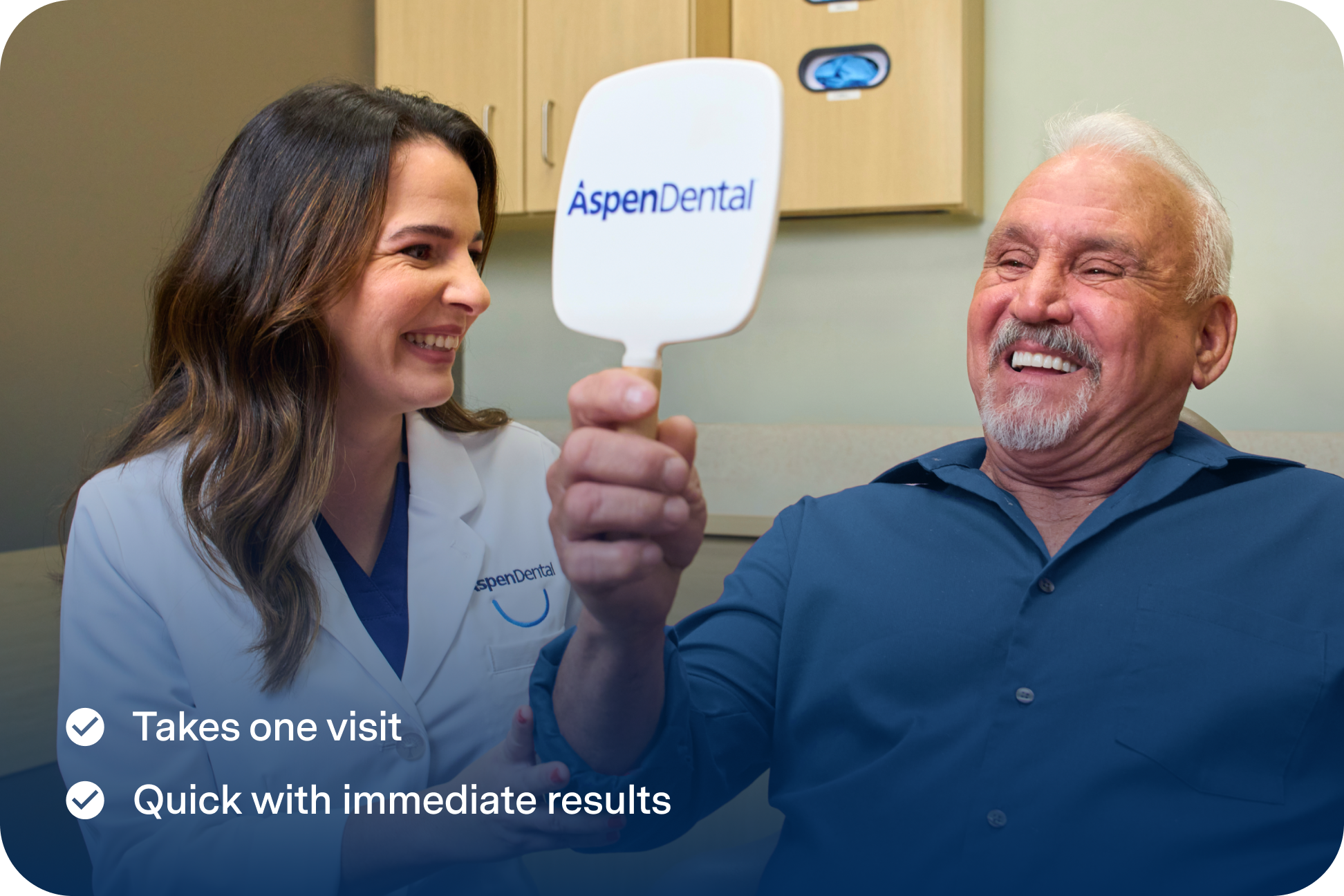 A smiling patient admires his reflection in an Aspen Dental mirror while a dentist in a white coat smiles beside him, with text noting that treatment takes one visit and delivers immediate results.