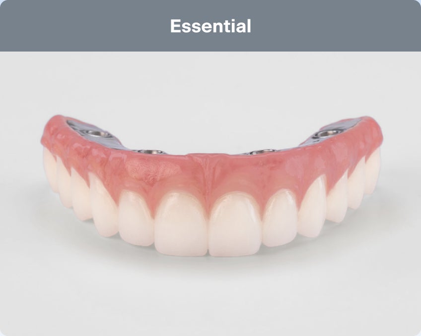 An image of an upper arch dental implant model for the Essential solution, built for comfort within reach, and backed by ClearChoice's 5-year warranty.
