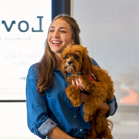 A smiling pet parent and their Golden Doodle puppy enter a Lovet.