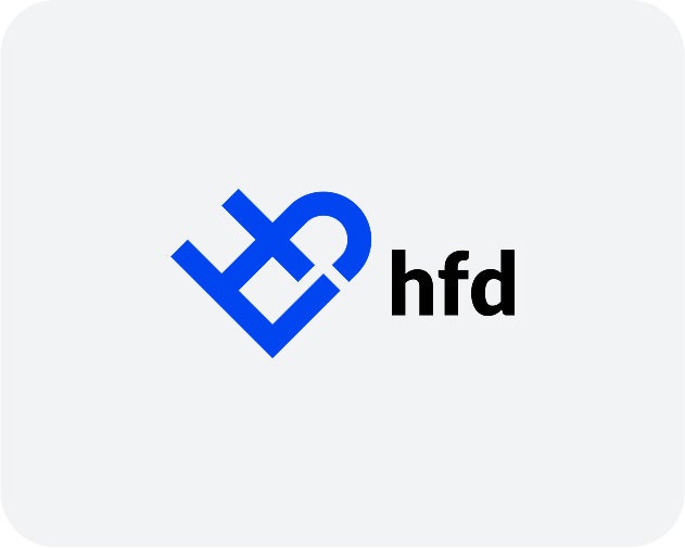 A blue hfd logo on a white background