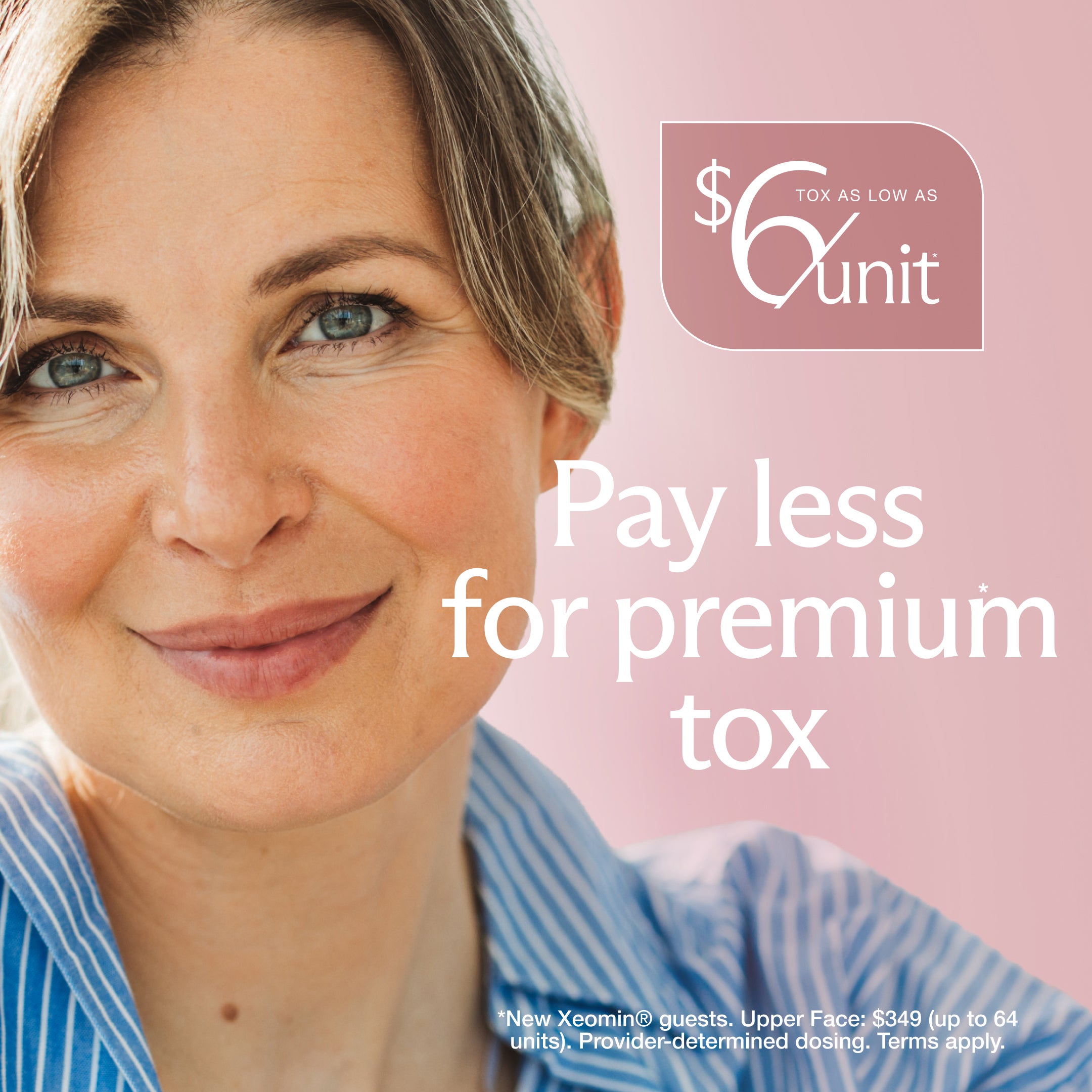 Smiling woman in an advertisement for "premium tox" with a "pay less" offer
