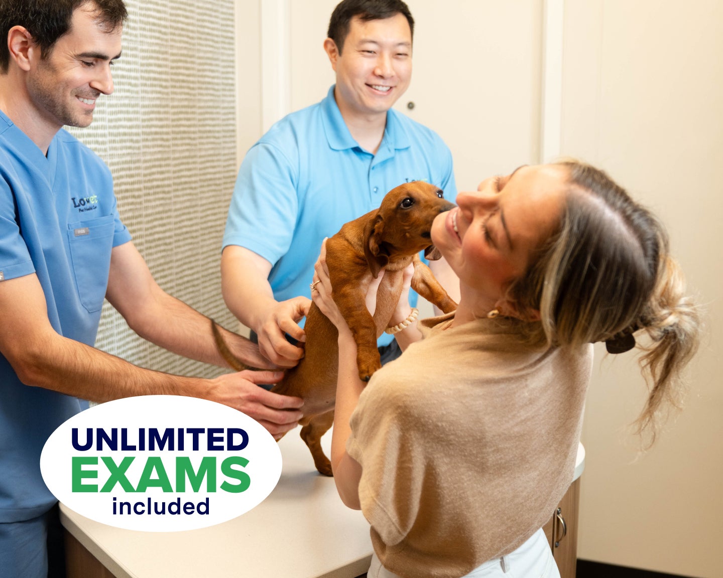 A Lovet veterinarian gently examines a small brown puppy while its pet parent smiles and cuddles the dog during an exam. A graphic in the corner reads, “Unlimited Exams included,” highlighting the Lovet Essentials plan benefit.