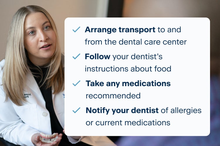 Dentist reviewing dental implant preparation checklist with patient – “Arrange transport to and from the dental care center,” “Follow your dentist’s instructions about food,” “Take any medications recommended,” and “Notify your dentist of allergies or current medications” – guidance for dental implant surgery preparation.