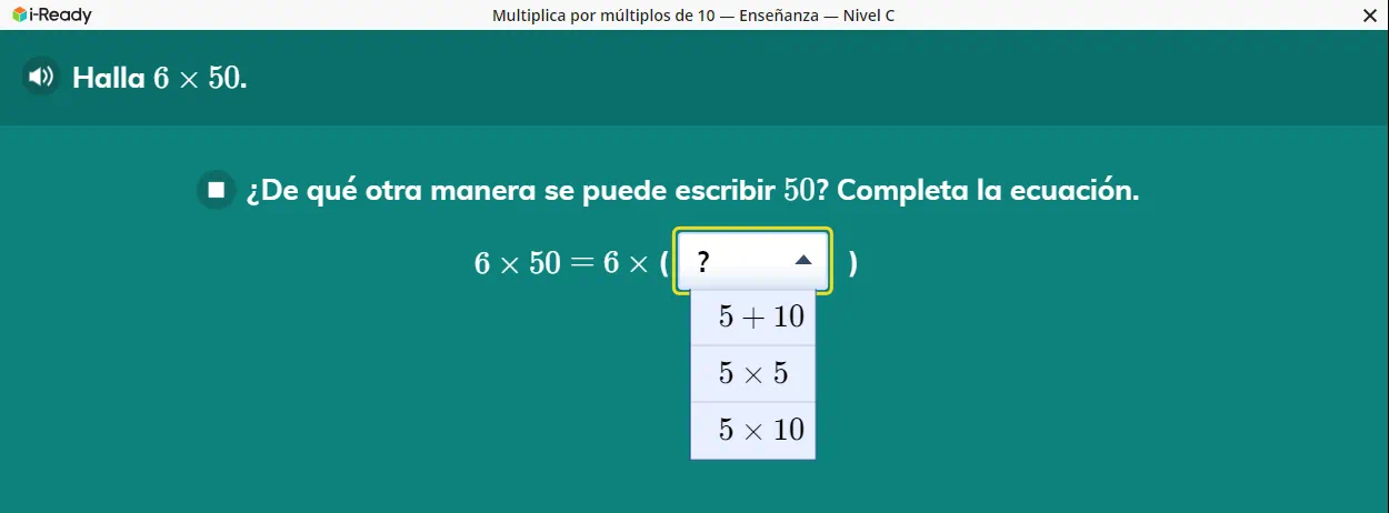 Spanish multiplication lesson asking how to rewrite 6 times 50, with dropdown menu showing options: 5+10, 5×5, and 5×10