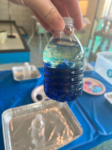 student holding a small bottle of blue liquid over a classroom experiment tray