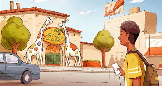 Illustration of a young person with a backpack, looking at a restaurant with giraffe-shaped pillars and a sign reading La Cocina de la Lala.