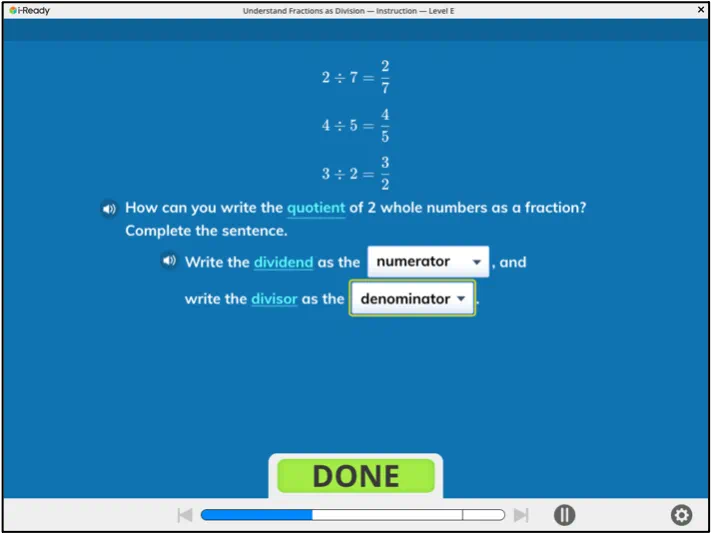 i-Ready lesson on writing quotients as fractions showing three division examples (2÷7, 4÷5, 3÷2) with dropdown menus to identify numerator and denominator.