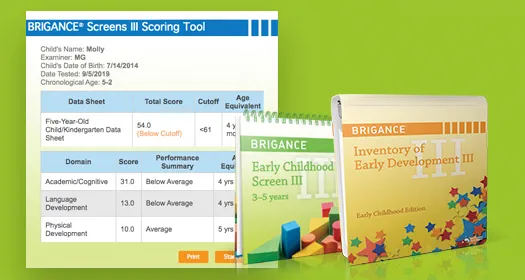 BRIGANCE Screens III Scoring Tool alongside Early Childhood Screen III (3–5 years) and Inventory of Early Development III books on a green background.
