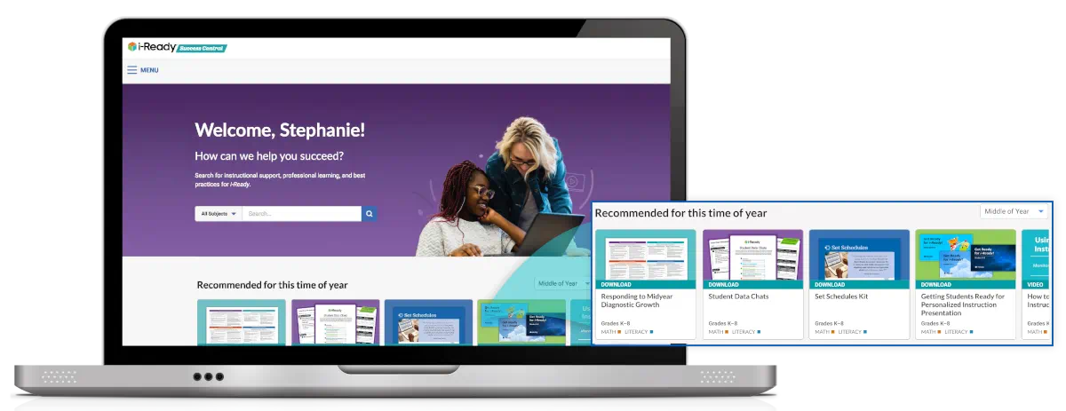 Laptop screen displaying the i-Ready Success Center homepage with instructional resources, professional learning, and downloads for educators.