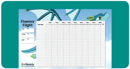 i-Ready Fluency Flight tracking chart with a flying dragon illustration, designed for educators to monitor student progress over multiple weeks.