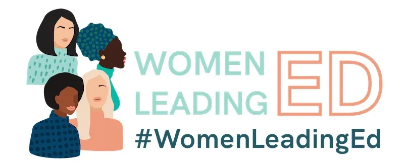 Women Leading Ed logo featuring diverse female illustrations and hashtag #WomenLeadingEd, highlighting female leadership in education.