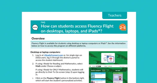 Fluency Flight FAQ sheet for teachers explaining how students can access the program on desktops, laptops, and iPads, with step-by-step instructions.