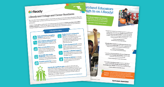 Two i-Ready educational brochures on college and career readiness, featuring text, icons, and images of students engaged in learning activities.