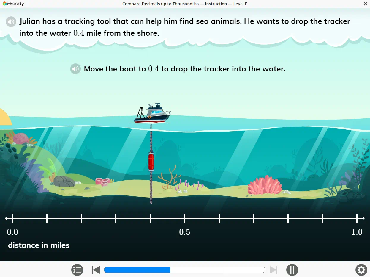 Sorting activity with two empty containers outlined in blue and yellow, orange spotted fish already sorted, and various colored fish at bottom