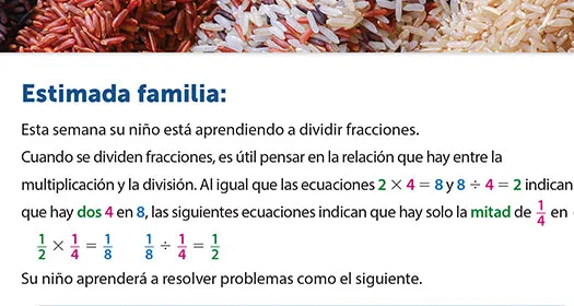 Spanish-language math lesson for families explaining fraction division with colorful equations and a background image of mixed grains.