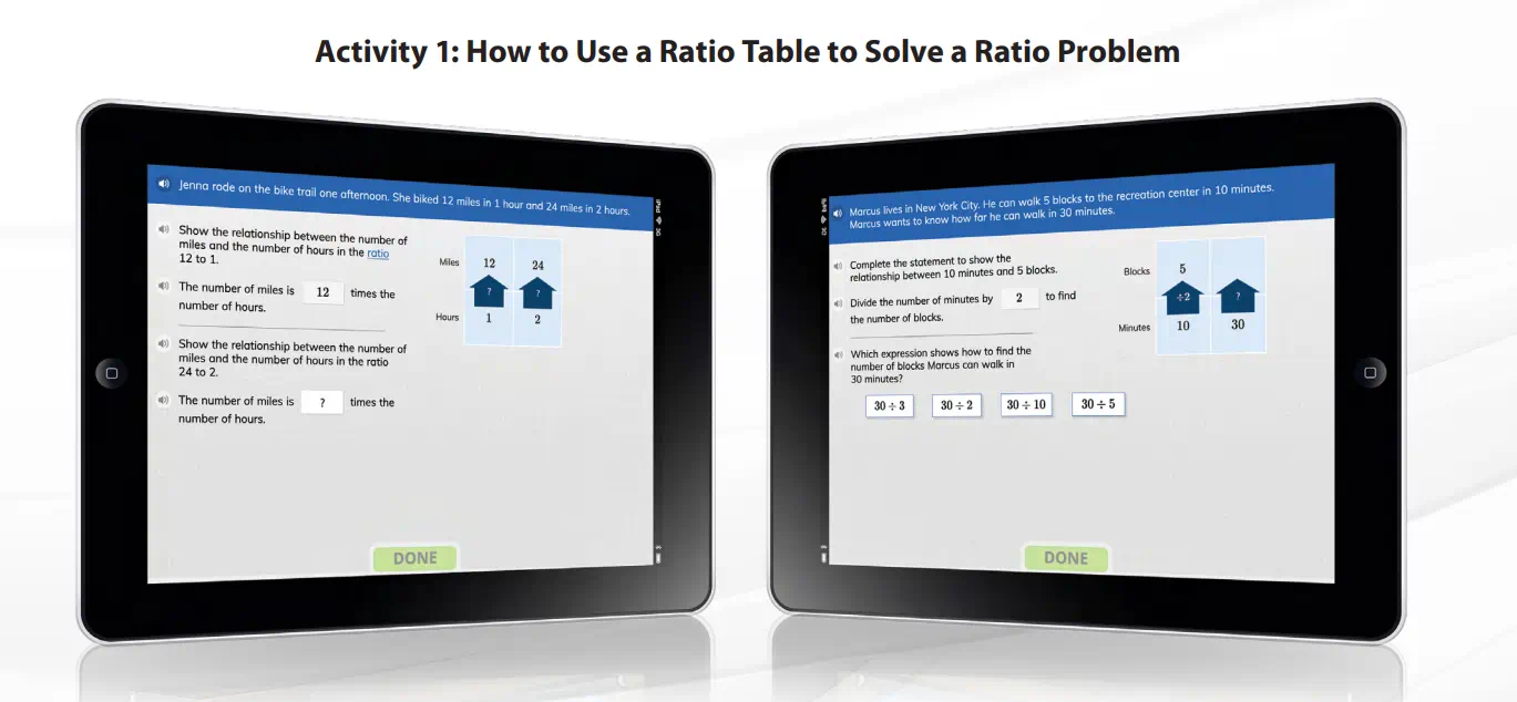 Two tablets displaying interactive ratio table math problems about biking miles per hour and walking blocks per minute.