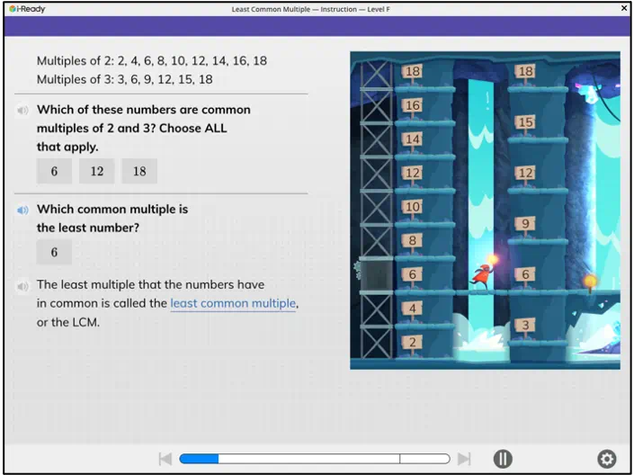 i-Ready math game instructing player to cross waterfall using lowest ledge on both sides of cave, showing numbered platforms 2 through 16.