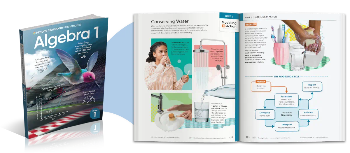 i-Ready Classroom Mathematics Algebra 1 book with an open spread showing a lesson on water conservation and the modeling cycle for problem-solving.