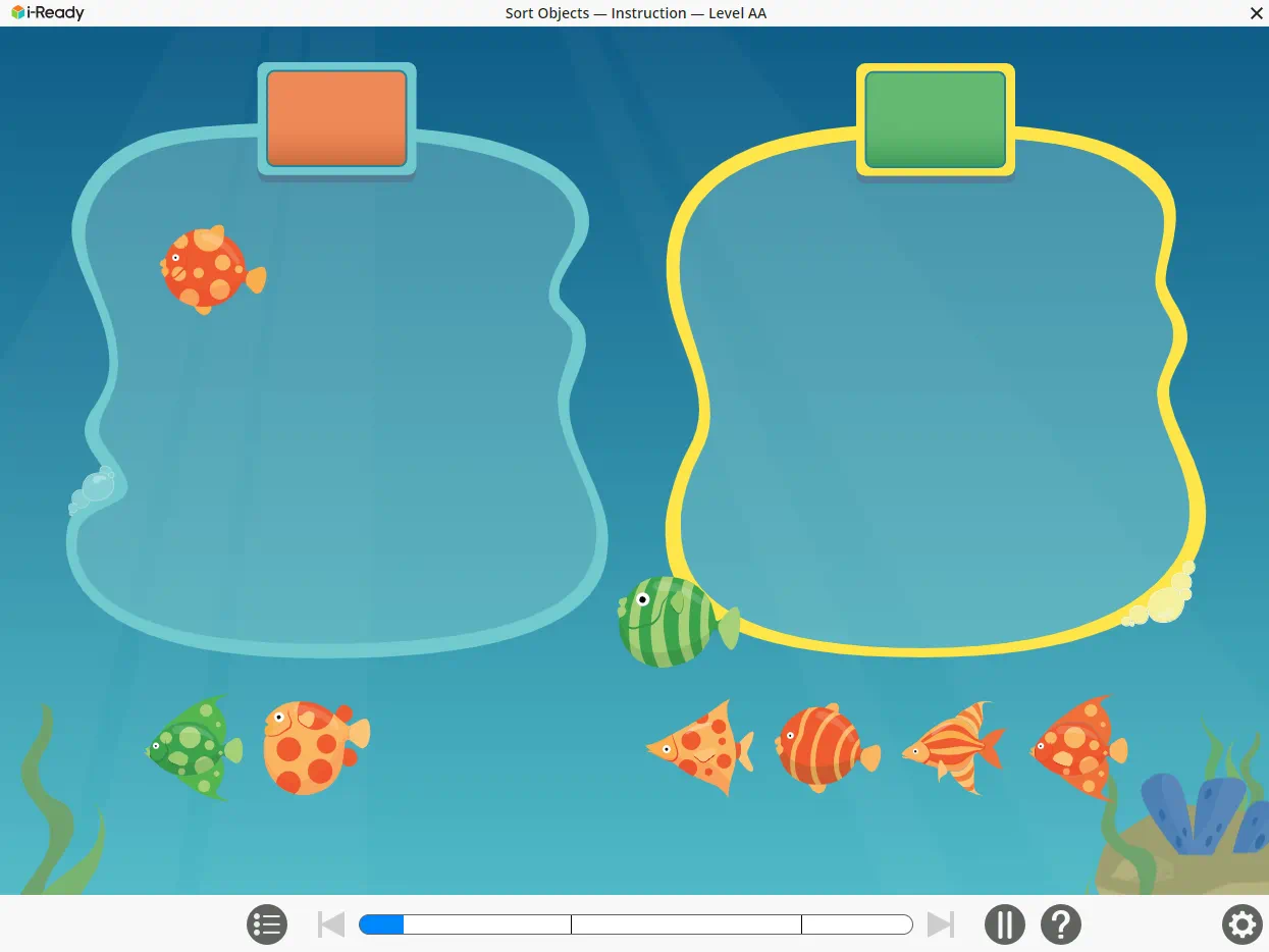 Decimal comparison activity showing boat dropping tracker 0.4 miles from shore, with number line from 0.0 to 1.0 and underwater ocean scene
