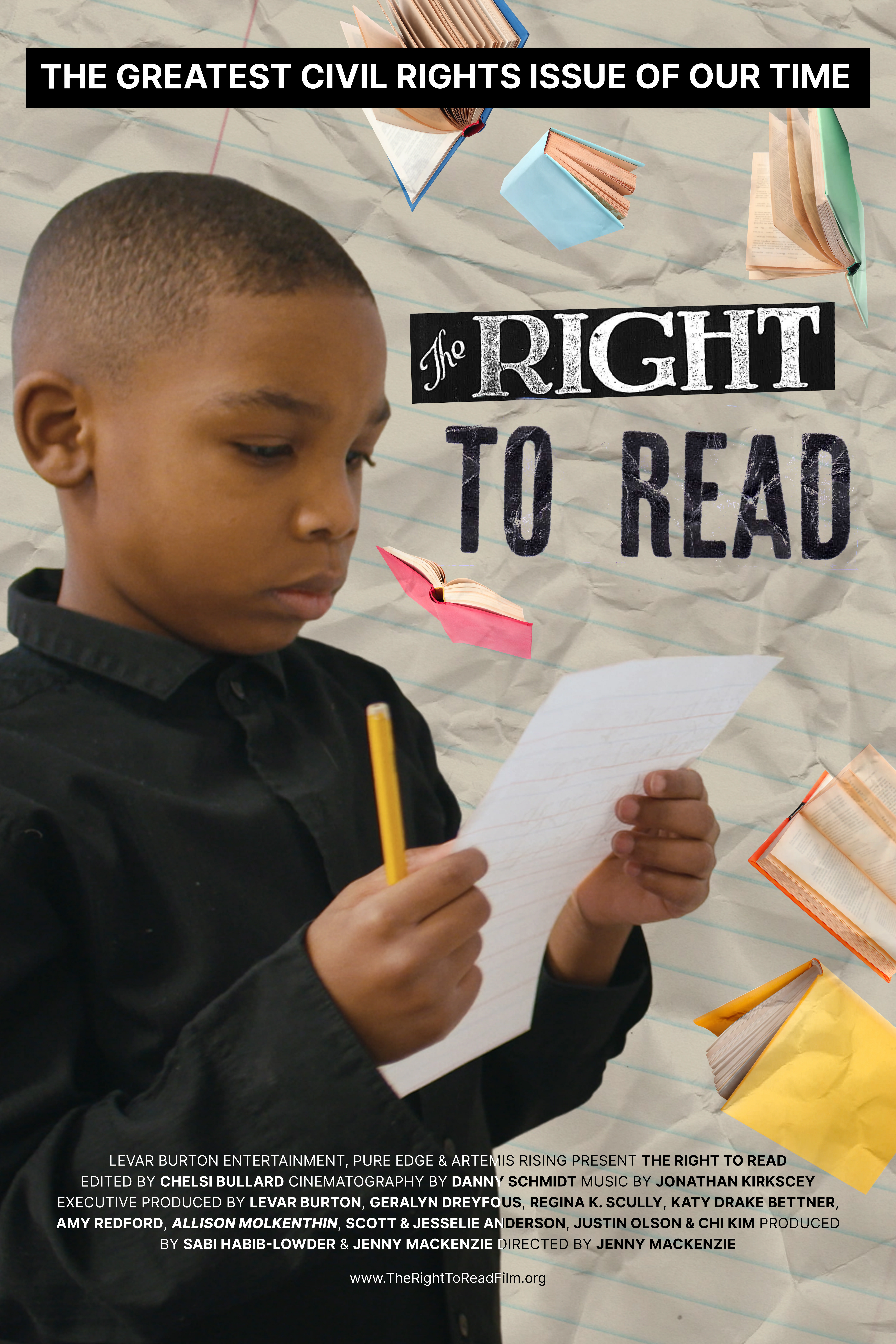 A poster for 'The Right to Read' featuring a young boy holding a pencil and paper, with the tagline 'The Greatest Civil Rights Issue of Our Time.'