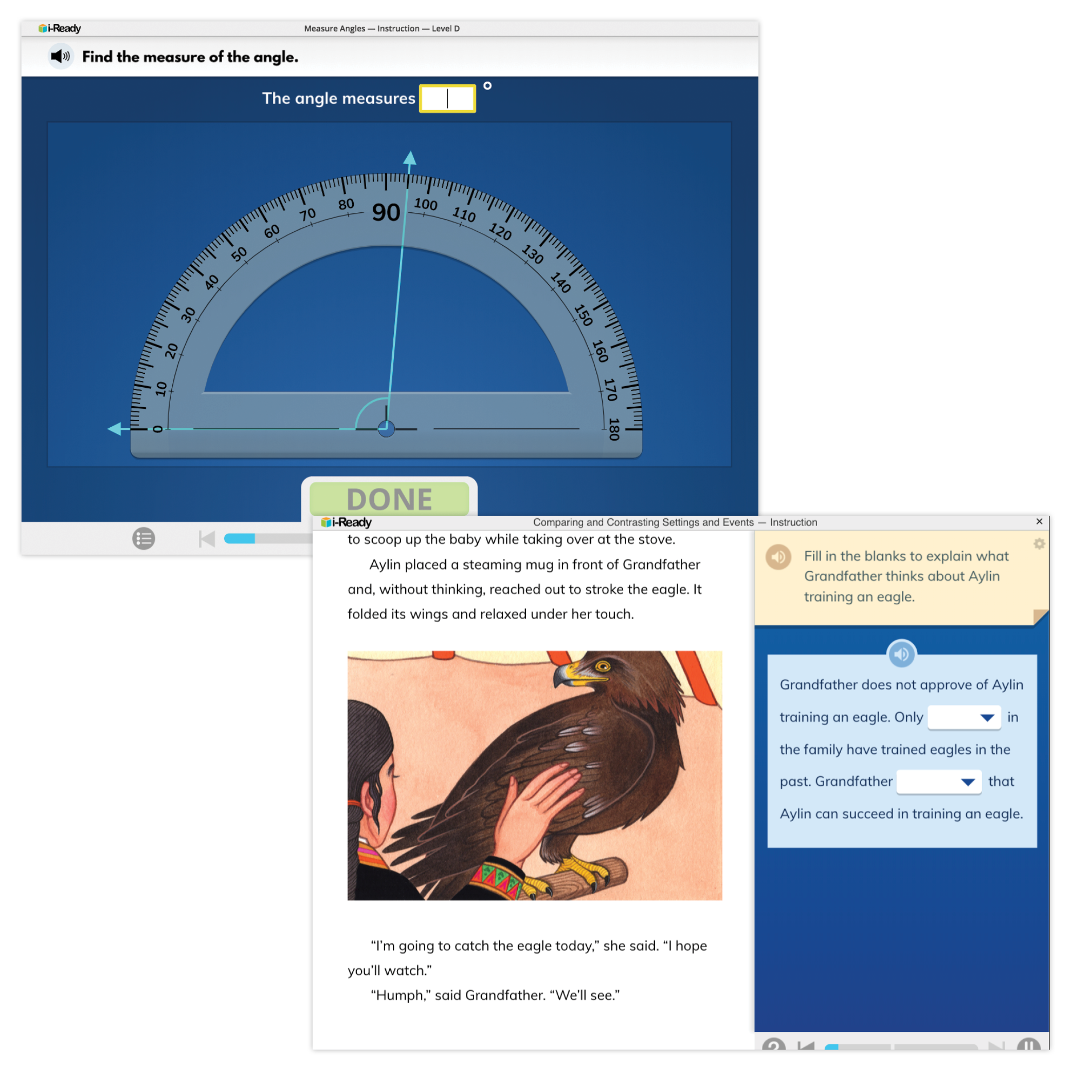 Two Personalized Instruction lesson screens—one math and one reading.