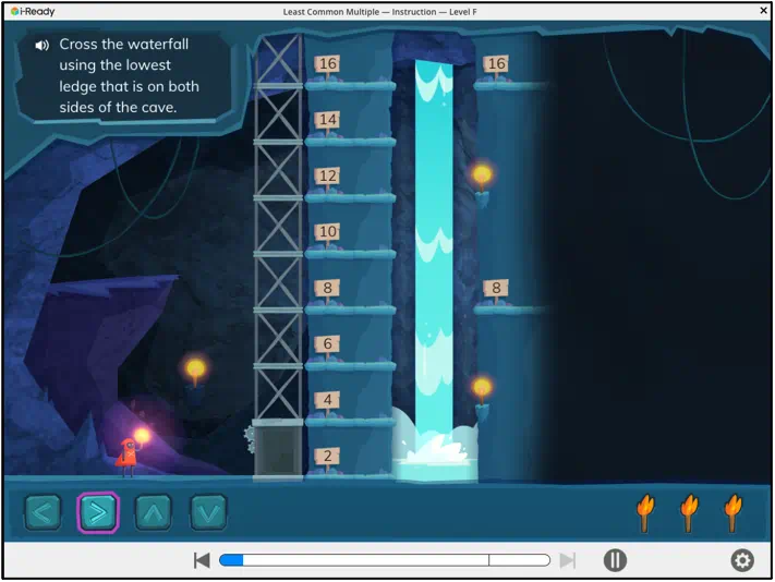 Interactive i-Ready math lesson on least common multiple showing cave climbing game with numbered platforms and questions about multiples of 2 and 3.