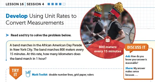 Math lesson on unit rates featuring a problem about a band marching in the African American Day Parade, with image of drummers in traditional attire.