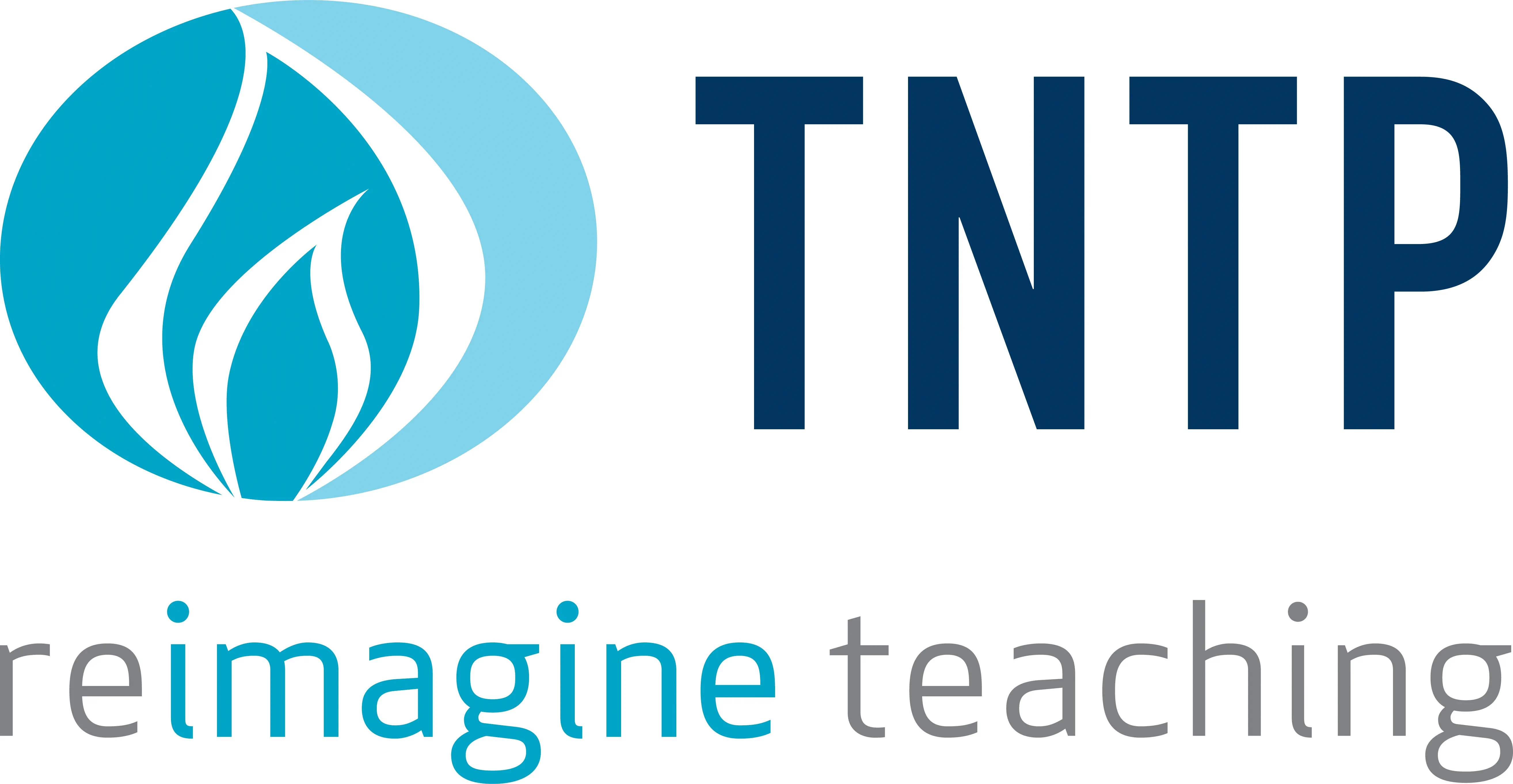 TNTP logo featuring a blue flame icon and the tagline 'reimagine teaching,' symbolizing innovation and dedication to transforming education.