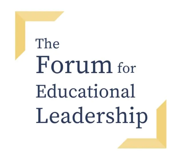 The Forum for Educational Leadership logo, featuring navy text framed by gold corner brackets, emphasizing collaboration and leadership in education.