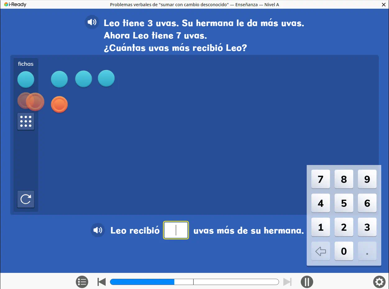 Interactive math problem in Spanish using circular counters and number pad to solve addition story about grapes