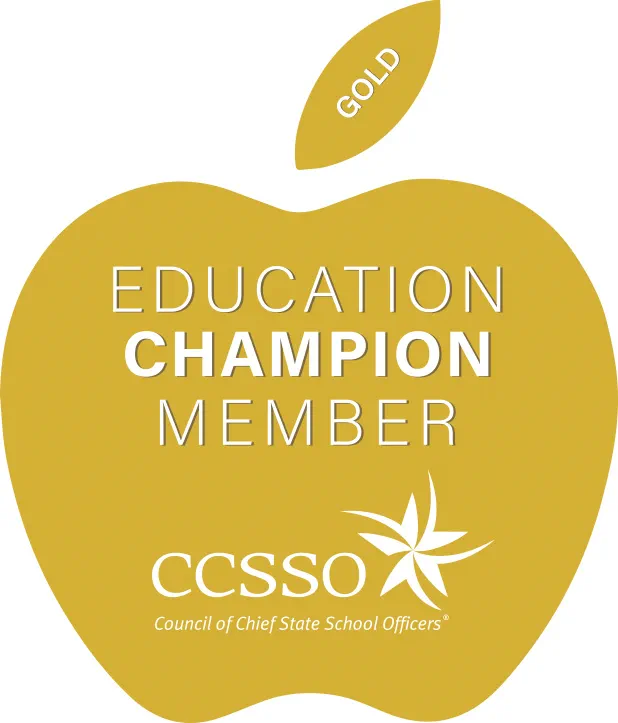 Gold apple-shaped badge with 'Education Champion Member' and 'CCSSO: Council of Chief State School Officers' text, for membership and excellence.