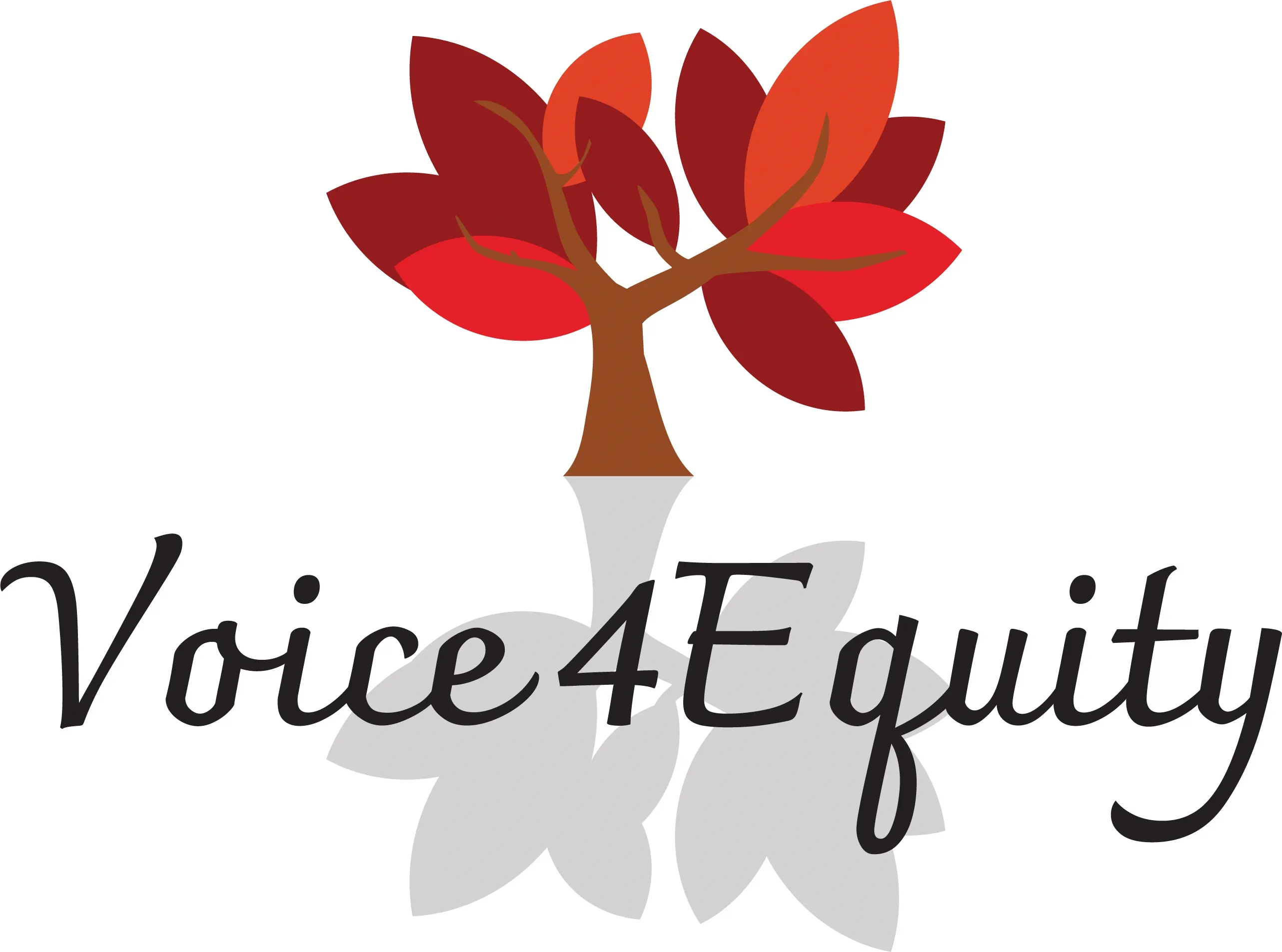 Voice4Equity logo featuring a vibrant red and orange tree with a shadow below, symbolizing growth, equity, and impactful change.