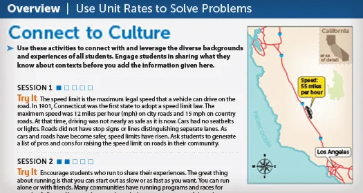 Lesson on unit rates with a cultural connection, featuring a map of California showing speed limits and a discussion on historical speed regulations.