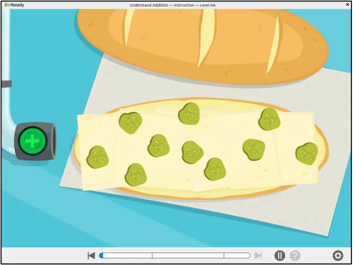 i-Ready digital math activity displaying submarine sandwich on paper with 10 green pickle slices arranged on top, with play button at left.