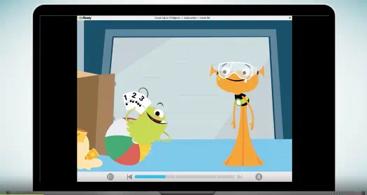 Laptop screen displaying an animated i-Ready Math lesson with two cartoon characters, one orange with goggles and one green with a number sign.