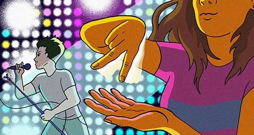 Illustration of a person using sign language in the foreground with a singer performing on stage in the background, under colorful lights.