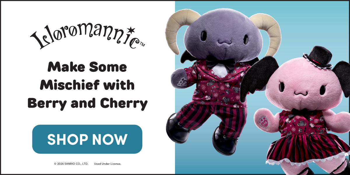 Lloromannic™ characters Berry and Cherry posed on a blue and white background. Berry, a lavender plush with curled horns, black wings, and a black bow tie, wears a matching pajama-style outfit with striped pants. Cherry, a pink plush with black wings and a small black hat, wears a matching striped dress with a black bow tie. Text reads: Lloromannic™. Make Some Mischief with Berry and Cherry. SHOP NOW.